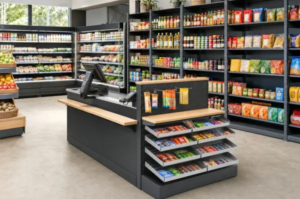 План невеликого продуктового магазину з холодильною лінією, касою та пристінними стелажами
