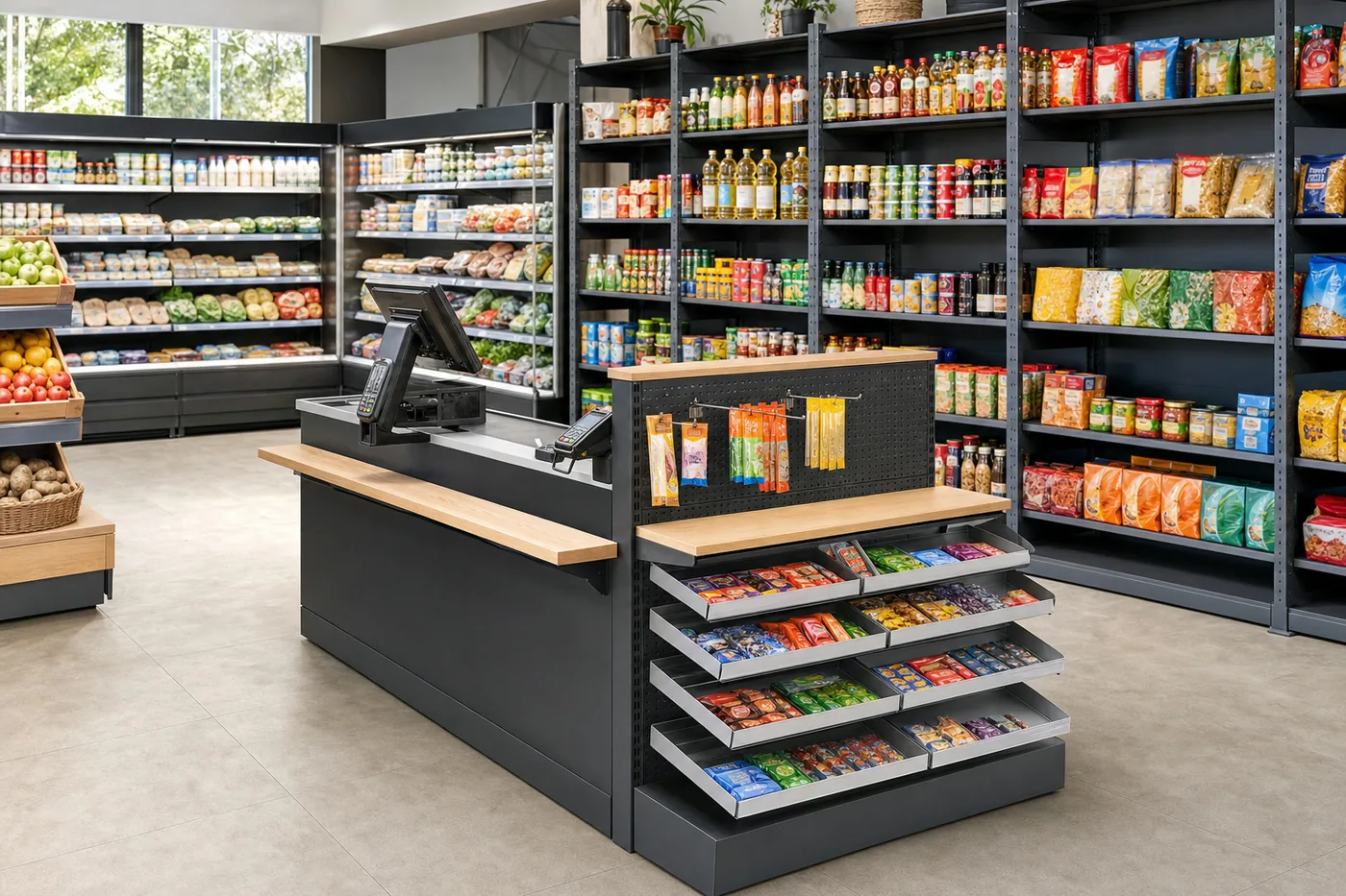 План невеликого продуктового магазину з холодильною лінією, касою та пристінними стелажами